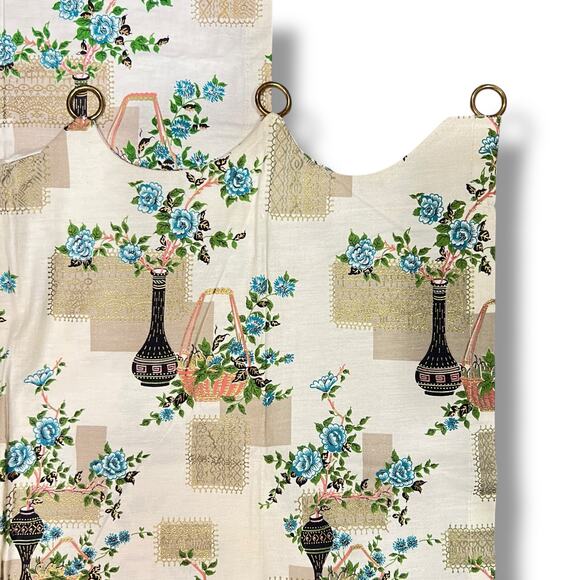 Vintage Mid Century NEW Pair Floral Toile Kitchen Cafe Curtains Scalloped Tabs - Picture 5 of 9